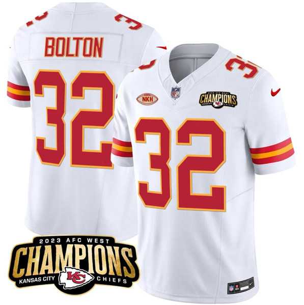 Men & Women & Youth Kansas City Chiefs #32 Nick Bolton White 2023 F.U.S.E. AFC West Champions With NKH Patch Vapor Untouchable Limited Jersey